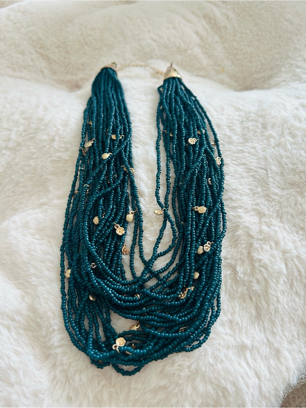 Teal Seed Bead Multi-Strand Necklace with Gold Accents
